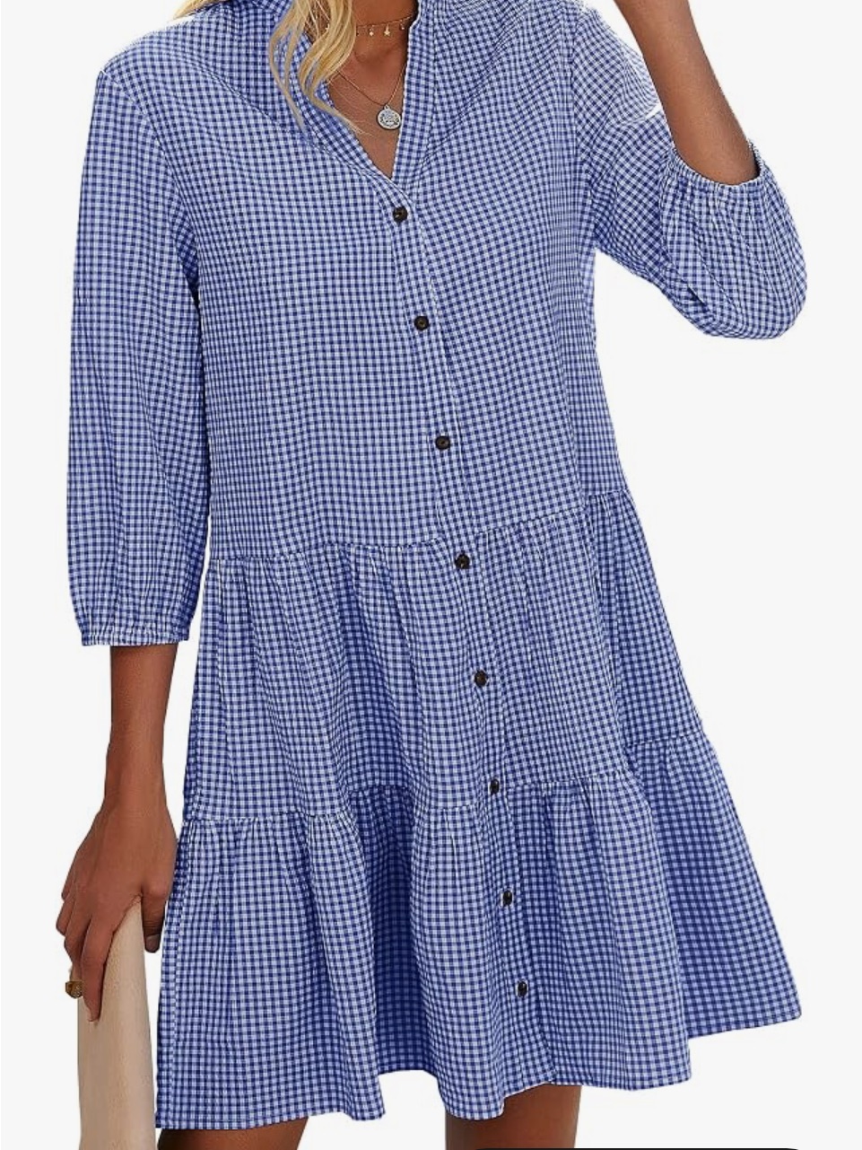 New W/Tags Blue Gingham Button-Front Tiered Women's Dress V-Neck 3/4 Sleeves